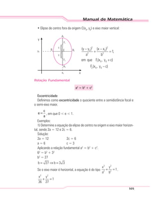 Manual de Matemática
505
• Elipse de centro fora da origem C(x0
, y0
) e eixo maior vertical:
F1
A1
B1
x0
y0
F2
B2
A2
x
y
C
c
c
Relação Fundamental
a2
= b2
+ c2
Excentricidade
Definimos como excentricidade o quociente entre a semidistância focal e
o semi-eixo maior.
c
e=
a
, em que 0 < e < 1.
Exemplos:
1) Determine a equação da elipse de centro na origem e eixo maior horizon-
tal, sendo 2a = 12 e 2c = 6.
Solução:
2a = 12 2c = 6
a = 6 c = 3
Aplicando a relação fundamental a2
= b2
+ c2
.
62
= b2
+ 32
b2
= 27
b 27 b 3 3= ⇒ =
Se o eixo maior é horizontal, a equação é do tipo
2 2
2 2
x y
1
a b
+ = .
2 2
x y
1
36 27
+ =
 
