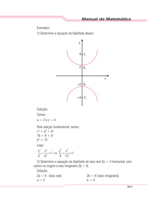 Manual de Matemática
511
Exemplos:
1) Determine a equação da hipérbole abaixo:
F1
F2
A2
A1
x
y
4
2
–2
–4
Solução:
Temos:
a = 2 e c = 4
Pela relação fundamental, temos:
c2
= a2
+ b2
16 = 4 + b2
b2
= 12
Logo:
2 2 2 2
2 2
y x y x
1 1
a b 4 12
− = ⇒ − =
2) Determine a equação da hipérbole de eixo real 2a = 4 horizontal, com
centro na origem e eixo imaginário 2b = 8.
Solução:
2a = 4 (eixo real) 2b = 8 (eixo imaginário)
a = 2 b = 4
 
