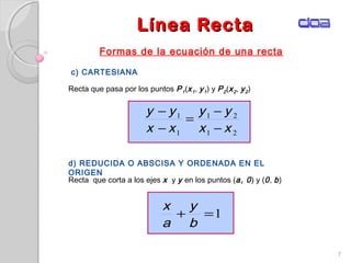 Línea RectaLínea Recta
7
Formas de la ecuación de una recta
c) CARTESIANA
Recta que pasa por los puntos P1(x1, y1) y P2(x2, y2)
21
21
1
1
xx
yy
xx
yy
−
−
=
−
−
d) REDUCIDA O ABSCISA Y ORDENADA EN EL
ORIGEN
Recta que corta a los ejes x y y en los puntos (a, 0) y (0, b)
1=+
b
y
a
x
 