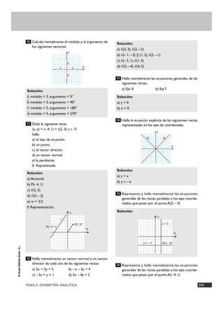 TEMA 9. GEOMETRÍA ANALÍTICA 293
©GrupoEditorialBruño,S.L.
Calcula mentalmente el módulo y el argumento de
los siguientes vectores:
Dada la siguiente recta:
(x, y) = (–4, 1) + t(2, 3); t é ‫ޒ‬
halla:
a) el tipo de ecuación.
b) un punto.
c) el vector director.
d) un vector normal.
e) la pendiente.
f) Represéntala.
Halla mentalmente un vector normal y un vector
director de cada una de las siguientes rectas:
a) 2x + 3y = 5 b) –x – 2y = 4
c) –3x + y = 1 d) 5x – 4y = 2
Halla mentalmente las ecuaciones generales de las
siguientes rectas:
a) Eje X b) EjeY
Halla la ecuación explícita de las siguientes rectas
representadas en los ejes de coordenadas.
Representa y halla mentalmente las ecuaciones
generales de las rectas paralelas a los ejes coorde-
nados, que pasan por el punto A(2, –3)
Representa y halla mentalmente las ecuaciones
generales de las rectas paralelas a los ejes coorde-
nados, que pasan por el punto A(–4, 1)
56
Solución:
55
Solución:
a) y = x
b) y = –x
54
Solución:
a) y = 0
b) x = 0
53
Solución:
a) n
8
(2, 3), v
8
(3, –2)
b) n
8
(–1, –2) || (1, 2), v
8
(2, –1)
c) n
8
(–3, 1), v
8
(1, 3)
d) n
8
(5, –4), v
8
(4, 5)
52
Solución:
a)Vectorial.
b) P(–4, 1)
c) v
8
(2, 3)
d) n
8
(3, –2)
e) m = 3/2
f) Representación:
51
Solución:
a
8
: módulo = 5, argumento = 0°
b
8
: módulo = 5, argumento = 90°
c
8
: módulo = 5, argumento = 180°
d
8
: módulo = 5, argumento = 270°
50
X
Y
8
a
8
c
8
b
8
d
X
Y
b) a)
X
Y
r
A(–4, 1)
8
v(2, 3)
X
Y
x = 2
y = –3 A(2, –3)
 