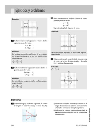 294 SOLUCIONARIO
©GrupoEditorialBruño,S.L.
Ejercicios y problemas
Halla mentalmente la posición relativa de los
siguientes pares de rectas:
2x – y = 2
–4x + 2y = –1 }
Halla mentalmente la posición relativa de los si-
guientes pares de rectas:
3x – 6y = 3
–x + 2y = –1}
Halla mentalmente la posición relativa de los si-
guientes pares de rectas:
x = 2
y = –3 }
Represéntalas y halla el punto de corte.
Halla mentalmente la ecuación de la circunferencia
de centro el origen de coordenadas y de radio
R = 3 unidades. Represéntala.
Solución:
x2 + y2 = 9
60
Solución:
Se cortan, porque la primera es vertical y la segunda
es horizontal.
59
Solución:
Son coincidentes porque todos los coeficientes son
proporcionales:
3 –6 3
— = — = —
–1 2 –1
58
Solución:
Son paralelas porque los coeficientes de las variables
son proporcionales, y no lo son con los términos
independientes.
2 –1 2
— = — ? —
–4 2 –1
57
Solución:
X
Y
x = –4
y = 1A(–4, 1)
X
Y
x = 2
y = –3 A(2, –3)
X
Y
R = 3
O(0, 0)
Dado el triángulo equilátero siguiente, de centro
el origen de coordenadas y vértice A(4, 0):
a) representa todos los vectores que nacen en el
origen de coordenadas y tienen como extremo
uno de los vértices del triángulo equilátero.
b) Aplicando las razones trigonométricas, halla la
expresión analítica de cada uno de los vectores
representados.
61
Problemas
X
Y
A(4, 0)
B
C
 