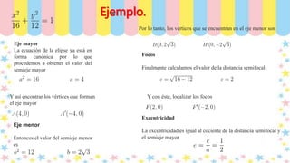 Ejemplo.
Eje mayor
La ecuación de la elipse ya está en
forma canónica por lo que
procedemos a obtener el valor del
semieje mayor
Y así encontrar los vértices que forman
el eje mayor
Eje menor
Entonces el valor del semieje menor
es
Por lo tanto, los vértices que se encuentran en el eje menor son
Focos
Finalmente calculamos el valor de la distancia semifocal
Y con éste, localizar los focos
Excentricidad
La excentricidad es igual al cociente de la distancia semifocal y
el semieje mayor
 