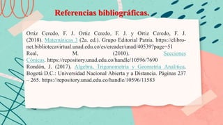 Referencias bibliográficas.
Ortiz Ceredo, F. J. Ortiz Ceredo, F. J. y Ortiz Ceredo, F. J.
(2018). Matemáticas 3 (2a. ed.). Grupo Editorial Patria. https://elibro-
net.bibliotecavirtual.unad.edu.co/es/ereader/unad/40539?page=51
Real, M. (2010). Secciones
Cónicas. https://repository.unad.edu.co/handle/10596/7690
Rondón, J. (2017). Algebra, Trigonometría y Geometría Analítica.
Bogotá D.C.: Universidad Nacional Abierta y a Distancia. Páginas 237
– 265. https://repository.unad.edu.co/handle/10596/11583
 