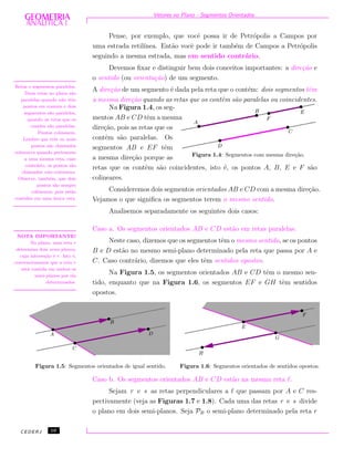 Vetores no Plano - Segmentos Orientados
Pense, por exemplo, que vocˆe possa ir de Petr´opolis a Campos por
uma estrada retil´ınea. Ent˜ao vocˆe pode ir tamb´em de Campos a Petr´opolis
seguindo a mesma estrada, mas em sentido contr´ario.
Devemos ﬁxar e distinguir bem dois conceitos importantes: a dire¸c˜ao e
o sentido (ou orienta¸c˜ao) de um segmento.
A dire¸c˜ao de um segmento ´e dada pela reta que o cont´em: dois segmentos tˆem
a mesma dire¸c˜ao quando as retas que os contˆem s˜ao paralelas ou coincidentes.
Figura 1.4: Segmentos com mesma dire¸c˜ao.
Na Figura 1.4, os seg-
mentos AB e CD tˆem a mesma
dire¸c˜ao, pois as retas que os
contˆem s˜ao paralelas. Os
segmentos AB e EF tˆem
a mesma dire¸c˜ao porque as
retas que os contˆem s˜ao coincidentes, isto ´e, os pontos A, B, E e F s˜ao
colineares.
Retas e segmentos paralelos.
Duas retas no plano s˜ao
paralelas quando n˜ao tˆem
pontos em comum e dois
segmentos s˜ao paralelos,
quando as retas que os
contˆem s˜ao paralelas.
Pontos colineares.
Lembre que trˆes ou mais
pontos s˜ao chamados
colineares quando pertencem
a uma mesma reta, caso
contr´ario, os pontos s˜ao
chamados n˜ao-colineares.
Observe, tamb´em, que dois
pontos s˜ao sempre
colineares, pois est˜ao
contidos em uma ´unica reta.
Consideremos dois segmentos orientados AB e CD com a mesma dire¸c˜ao.
Vejamos o que signiﬁca os segmentos terem o mesmo sentido.
Analisemos separadamente os seguintes dois casos:
Caso a. Os segmentos orientados AB e CD est˜ao em retas paralelas.
NOTA IMPORTANTE!
No plano, uma reta r
determina dois semi-planos,
cuja interse¸c˜ao ´e r. Isto ´e,
convencionamos que a reta r
est´a contida em ambos os
semi-planos por ela
determinados.
Neste caso, dizemos que os segmentos tˆem o mesmo sentido, se os pontos
B e D est˜ao no mesmo semi-plano determinado pela reta que passa por A e
C. Caso contr´ario, dizemos que eles tˆem sentidos opostos.
Na Figura 1.5, os segmentos orientados AB e CD tˆem o mesmo sen-
tido, enquanto que na Figura 1.6, os segmentos EF e GH tˆem sentidos
opostos.
Figura 1.5: Segmentos orientados de igual sentido. Figura 1.6: Segmentos orientados de sentidos opostos.
Caso b. Os segmentos orientados AB e CD est˜ao na mesma reta .
Sejam r e s as retas perpendiculares a que passam por A e C res-
pectivamente (veja as Figuras 1.7 e 1.8). Cada uma das retas r e s divide
o plano em dois semi-planos. Seja PB o semi-plano determinado pela reta r
CEDERJ 10
 