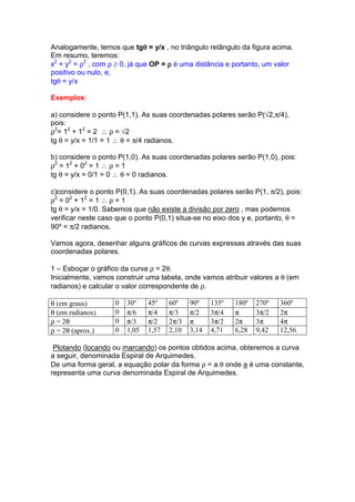 θ
Analogamente, temos que tgθ = y/x , no triângulo retângulo da figura acima.
Em resumo, teremos:
x2 + y2 = ρ2 , com ρ ≥ 0, já que OP = ρ é uma distância e portanto, um valor
positivo ou nulo, e,
tgθ = y/x

Exemplos:

a) considere o ponto P(1,1). As suas coordenadas polares serão P(√2,π/4),
pois:
ρ2= 12 + 12 = 2 ∴ ρ = √2
tg θ = y/x = 1/1 = 1 ∴ θ = π/4 radianos.

b) considere o ponto P(1,0). As suas coordenadas polares serão P(1,0), pois:
ρ2 = 12 + 02 = 1 ∴ ρ = 1
tg θ = y/x = 0/1 = 0 ∴ θ = 0 radianos.

c)considere o ponto P(0,1). As suas coordenadas polares serão P(1, π/2), pois:
ρ2 = 02 + 12 = 1 ∴ ρ = 1
tg θ = y/x = 1/0. Sabemos que não existe a divisão por zero , mas podemos
verificar neste caso que o ponto P(0,1) situa-se no eixo dos y e, portanto, θ =
90º = π/2 radianos.

Vamos agora, desenhar alguns gráficos de curvas expressas através das suas
coordenadas polares.

1 – Esboçar o gráfico da curva ρ = 2θ.
Inicialmente, vamos construir uma tabela, onde vamos atribuir valores a θ (em
radianos) e calcular o valor correspondente de ρ.

θ (em graus)        0   30º    45º    60º    90º    135º   180º   270º   360º
θ (em radianos)     0   π/6    π/4    π/3    π/2    3π/4   π      3π/2   2π
ρ = 2θ              0   π/3    π/2    2π/3   π      3π/2   2π     3π     4π
ρ = 2θ (aprox.)     0   1,05   1,57   2,10   3,14   4,71   6,28   9,42   12,56

 Plotando (locando ou marcando) os pontos obtidos acima, obteremos a curva
a seguir, denominada Espiral de Arquimedes.
De uma forma geral, a equação polar da forma ρ = a.θ onde a é uma constante,
representa uma curva denominada Espiral de Arquimedes.
 