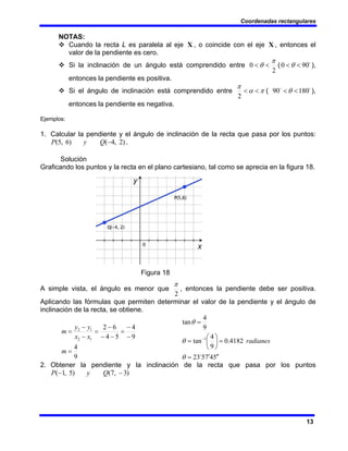 Coordenadas rectangulares
13
NOTAS:
™ Cuando la recta L es paralela al eje X , o coincide con el eje X , entonces el
valor de la pendiente es cero.
™ Si la inclinación de un ángulo está comprendido entre
2
0
π
θ <
< ( o
90
0 <
<θ ),
entonces la pendiente es positiva.
™ Si el ángulo de inclinación está comprendido entre π
α
π
<
<
2
( o
o
180
90 <
<θ ),
entonces la pendiente es negativa.
Ejemplos:
1. Calcular la pendiente y el ángulo de inclinación de la recta que pasa por los puntos:
)
2
,
4
(
)
6
,
5
( −
Q
y
P .
Solución
Graficando los puntos y la recta en el plano cartesiano, tal como se aprecia en la figura 18.
Figura 18
A simple vista, el ángulo es menor que
2
π
, entonces la pendiente debe ser positiva.
Aplicando las fórmulas que permiten determinar el valor de la pendiente y el ángulo de
inclinación de la recta, se obtiene.
9
4
9
4
5
4
6
2
1
2
1
2
=
−
−
=
−
−
−
=
−
−
=
m
x
x
y
y
m
5
4
7
5
23
4182
.
0
9
4
tan
9
4
tan
1
′
′
′
=
=
⎟
⎠
⎞
⎜
⎝
⎛
=
=
−
o
θ
θ
θ
radianes
2. Obtener la pendiente y la inclinación de la recta que pasa por los puntos
)
3
,
7
(
)
5
,
1
( −
− Q
y
P
 