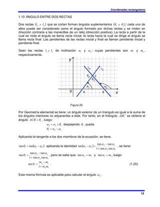 Coordenadas rectangulares
15
1.10 ÁNGULO ENTRE DOS RECTAS
Dos rectas ( )
2
1 l
y
l que se cortan forman ángulos suplementarios ( )
2
1 θ
θ y ; cada uno de
ellos puede ser considerado como el ángulo formado por dichas rectas y se miden en
dirección contraria a las manecillas de un reloj (dirección positiva). La recta a partir de la
cual se mide el ángulo se llama recta inicial; la recta hacia la cual se dirige el ángulo se
llama recta final. Las pendientes de las rectas inicial y final se llaman pendiente inicial y
pendiente final.
Sean las rectas 2
1 l
y
l de inclinación 1
α y 2
α ; cuyas pendientes son 1
m y 2
m ,
respectivamente.
Figura 20
Por Geometría elemental se tiene: un ángulo exterior de un triangulo es igual a la suma de
los ángulos interiores no adyacentes a éste. Por tanto, en el triángulo ABC se obtiene el
ángulo 1
θ
=
ACB , luego:
1
1
2 θ
α
α +
= despejando 1
θ , queda
1
2
1 α
α
θ −
=
Aplicando la tangente a los dos miembros de la ecuación, se tiene.
( )
2
1
1 tan
tan α
α
θ −
= aplicando la identidad ( )
1
2
1
2
2
1
tan
tan
1
tan
tan
tan
α
α
α
α
α
α
+
−
=
− , se tiene:
1
2
1
2
1
tan
tan
1
tan
tan
tan
α
α
α
α
θ
+
−
= , pero se sabe que: 2
2
tan m
=
α y 1
1
tan m
=
α , luego:
1
2
1
2
1
1
tan
m
m
m
m
+
−
=
θ . (1.20)
Esta misma fórmula es aplicable para calcular el ángulo 2
α .
 