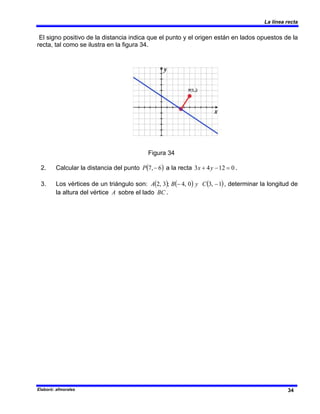 La línea recta
Elaboró: afmorales 34
El signo positivo de la distancia indica que el punto y el origen están en lados opuestos de la
recta, tal como se ilustra en la figura 34.
Figura 34
2. Calcular la distancia del punto ( )
6
,
7 −
P a la recta 0
12
4
3 =
−
+ y
x .
3. Los vértices de un triángulo son: ( ) ( ) ( )
1
,
3
0
,
4
;
3
,
2 −
− C
y
B
A , determinar la longitud de
la altura del vértice A sobre el lado BC .
 