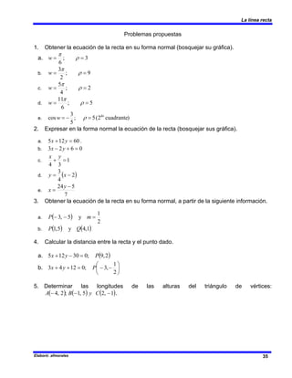 La línea recta
Elaboró: afmorales 35
Problemas propuestas
1. Obtener la ecuación de la recta en su forma normal (bosquejar su gráfica).
a. 3
;
6
=
= ρ
π
w
b. 9
;
2
3
=
= ρ
π
w
c. 2
;
4
5
=
= ρ
π
w
d. 5
;
6
11
=
= ρ
π
w
e. )
cuadrante
2
(
5
;
5
3
cos do
=
−
= ρ
w
2. Expresar en la forma normal la ecuación de la recta (bosquejar sus gráfica).
a. 60
12
5 =
+ y
x .
b. 0
6
2
3 =
+
− y
x
c. 1
3
4
=
+
y
x
d. ( )
2
4
3
−
= x
y
e.
7
5
24 −
=
y
x
3. Obtener la ecuación de la recta en su forma normal, a partir de la siguiente información.
a. ( )
2
1
y
5
,
3 =
−
− m
P
b. ( ) ( )
1
,
4
y
5
,
1 Q
P
4. Calcular la distancia entre la recta y el punto dado.
a. ( )
2
,
9
;
0
30
12
5 P
y
x =
−
+
b. ⎟
⎠
⎞
⎜
⎝
⎛
−
−
=
+
+
2
1
,
3
;
0
12
4
3 P
y
x
5. Determinar las longitudes de las alturas del triángulo de vértices:
( ) ( ) ( )
1
,
2
5
,
1
;
2
,
4 −
−
− C
y
B
A .
 
