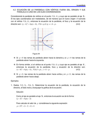 La parábola
50
4.2 ECUACIÓN DE LA PARÁBOLA CON VÉRTICE FUERA DEL ORIGEN Y EJE
PARALELO A UNO DE LOS EJES COORDENADOS
Considerando la parábola de vértice en el punto )
,
( k
h
V y cuyo eje es paralelo al eje X .
Si los ejes coordenados son trasladados, de tal manera que el nuevo origen '
O coincida
con el vértice )
,
( k
h
V , entonces la ecuación de la parábola, el foco y la ecuación de la
directriz son: )
(
4
)
( 2
h
x
p
k
y −
=
− , )
,
( k
p
h
F + y p
h
x −
= . (4.4)
Figura 44
™ Si 0
>
p las ramas de parábola abren hacia la derecha y si 0
<
p las ramas de la
parábola abren hacia la izquierda.
™ En forma similar, si el vértice es el punto )
,
( k
h
V y cuyo eje es paralelo al eje Y ,
entonces la ecuación de la parábola, foco y ecuación de la directriz son:
)
(
4
)
( 2
k
y
p
h
x −
=
− , )
,
( p
k
h
F + , p
k
y −
= . (4.5)
™ Si 0
>
p , las ramas de la parábola abren hacia arriba y si 0
<
p , las ramas de la
parábola abren hacia abajo.
Ejemplos
1. Dados )
3
,
2
(
V , )
3
,
6
(
F . Determinar la ecuación de la parábola, la ecuación de la
directriz, el lado recto y bosquejar la gráfica de la ecuación.
Solución
Como el eje es paralelo al eje X , entonces la ecuación es de la forma:
)
2
(
4
)
3
( 2
−
=
− x
p
y
Para calcular el valor de p considérese la siguiente expresión
4
4
2
6 =
=
−
=
= VF
p
 