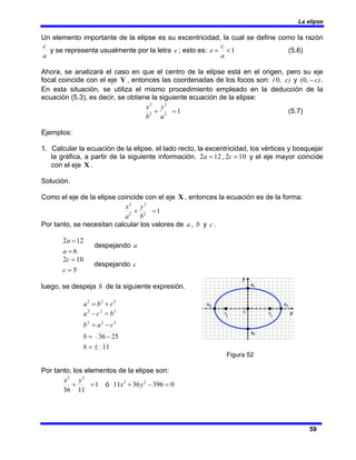 La elipse
59
Un elemento importante de la elipse es su excentricidad, la cual se define como la razón
a
c
y se representa usualmente por la letra e ; esto es: 1
<
=
a
c
e (5.6)
Ahora, se analizará el caso en que el centro de la elipse está en el origen, pero su eje
focal coincide con el eje Y , entonces las coordenadas de los focos son: , c)
(0 y c)
,
0
( − .
En esta situación, se utiliza el mismo procedimiento empleado en la deducción de la
ecuación (5.3), es decir, se obtiene la siguiente ecuación de la elipse:
a
y
b
x
1
2
2
2
2
=
+ (5.7)
Ejemplos:
1. Calcular la ecuación de la elipse, el lado recto, la excentricidad, los vértices y bosquejar
la gráfica, a partir de la siguiente información. 12
2 =
a , 10
2 =
c y el eje mayor coincide
con el eje X .
Solución.
Como el eje de la elipse coincide con el eje X , entonces la ecuación es de la forma:
b
y
a
x
1
2
2
2
2
=
+
Por tanto, se necesitan calcular los valores de a , b y c .
6
12
2
=
=
a
a
despejando a
5
10
2
=
=
c
c
despejando c
luego, se despeja b de la siguiente expresión.
2
2
2
c
b
a +
=
25
36
2
2
2
2
2
2
−
=
−
=
=
−
b
c
a
b
b
c
a
11
±
=
b
Figura 52
Por tanto, los elementos de la elipse son:
y
x
1
11
36
2
2
=
+ ó 0
396
36
11 2
2
=
−
+ y
x
 