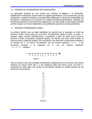 Coordenadas rectangulares
1
1.0 SISTEMA DE COODENADAS RECTANGULARES
La Geometría Analítica es una ciencia que combina el Álgebra y la Geometría,
estableciendo relaciones mutuas entre los lugares geométricos y las ecuaciones que las
representan, mediante métodos y procedimientos algebraicos, estudia las propiedades de
las figuras, contribuyendo a la solución de múltiples problemas geométricos. Además, las
ilustraciones gráficas de las funciones algebraicas y de otra índole, la Geometría Analítica
permite realizar con mayor objetividad y accesibilidad la solución de ciertos problemas.
1.1 SISTEMA COORDENADO LINEAL
La primera relación que se debe establecer de acuerdo con lo expuesto es entre los
números reales y los puntos de una recta. Considerando sobre la recta un punto O ,
llamado origen, situado arbitrariamente y señalando a partir de dicho punto hacia la
derecha y hacia la izquierda, divisiones iguales, de manera que entre cada división se
tome la misma unidad de longitud. Por convención, las divisiones consecutivas situadas a
la derecha de O , se hacen corresponder con los enteros positivos: L
;
3
;
2
;
1 y las
divisiones situadas a la izquierda de O , con los enteros negativos:
L
;
3
;
2
;
1 −
−
− etcétera.
Figura 1
Para el caso de una recta colocada verticalmente, igualmente por convención, los enteros
positivos se ubican arriba del O y los negativos abajo del mismo punto. El punto O
representa el valor cero. Las puntas de las flechas señalan el sentido positivo de las
rectas en ambas figuras.
Figura 2
 