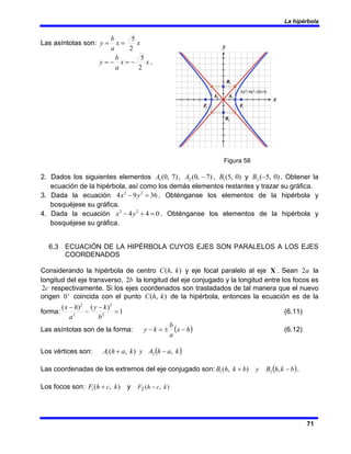 La hipérbola
71
Las asíntotas son: x
x
a
b
y
2
5
=
=
x
x
a
b
y
2
5
−
=
−
= .
Figura 58
2. Dados los siguientes elementos )
7
,
0
(
1
A , )
7
,
0
(
2 −
A , )
0
,
5
(
1
B y )
0
,
5
(
2 −
B . Obtener la
ecuación de la hipérbola, así como los demás elementos restantes y trazar su gráfica.
3. Dada la ecuación 36
9
4 2
2
=
− y
x . Obténganse los elementos de la hipérbola y
bosquéjese su gráfica.
4. Dada la ecuación 0
4
4 2
2
=
+
− y
x . Obténganse los elementos de la hipérbola y
bosquéjese su gráfica.
6.3 ECUACIÓN DE LA HIPÉRBOLA CUYOS EJES SON PARALELOS A LOS EJES
COORDENADOS
Considerando la hipérbola de centro )
,
( k
h
C y eje focal paralelo al eje X . Sean a
2 la
longitud del eje transverso, b
2 la longitud del eje conjugado y la longitud entre los focos es
c
2 respectivamente. Si los ejes coordenados son trasladados de tal manera que el nuevo
origen '
0 coincida con el punto )
,
( k
h
C de la hipérbola, entonces la ecuación es de la
forma: 1
)
(
)
(
2
2
2
2
=
−
−
−
b
k
y
a
h
x
(6.11)
Las asíntotas son de la forma: ( )
h
x
a
b
k
y −
±
=
− (6.12)
Los vértices son: ( )
k
a
h
A
y
k
a
h
A ,
)
,
( 2
1 −
+
Las coordenadas de los extremos del eje conjugado son: ( )
b
k
h
B
y
b
k
h
B −
+ ,
)
,
( 2
1 .
Los focos son: )
,
(
1 k
c
h
F + y )
,
(
2 k
c
h
F −
 