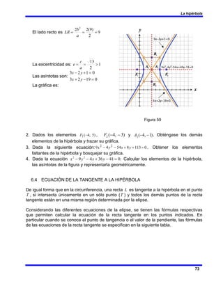 La hipérbola
73
El lado recto es 9
2
)
9
(
2
2 2
=
=
=
a
b
LR
La excentricidad es: 1
2
13
>
=
=
a
c
e
Las asíntotas son:
0
19
2
3
0
1
2
3
=
−
+
=
+
−
y
x
y
x
La gráfica es:
Figura 59
2. Dados los elementos )
5
,
4
(
1 −
F , )
3
,
4
(
2 −
−
F y A2(−4, −1). Obténgase los demás
elementos de la hipérbola y trazar su gráfica.
3. Dada la siguiente ecuación: 0
113
8
54
4
9 2
2
=
+
+
−
− y
x
y
x . Obtener los elementos
faltantes de la hipérbola y bosquejar su gráfica.
4. Dada la ecuación .
0
41
36
4
9 2
2
=
−
+
−
− y
x
y
x Calcular los elementos de la hipérbola,
las asíntotas de la figura y representarla geométricamente.
6.4 ECUACIÓN DE LA TANGENTE A LA HIPÉRBOLA
De igual forma que en la circunferencia, una recta L es tangente a la hipérbola en el punto
T , si intersecta únicamente en un sólo punto (T ) y todos los demás puntos de la recta
tangente están en una misma región determinada por la elipse.
Considerando las diferentes ecuaciones de la elipse, se tienen las fórmulas respectivas
que permiten calcular la ecuación de la recta tangente en los puntos indicados. En
particular cuando se conoce el punto de tangencia o el valor de la pendiente, las fórmulas
de las ecuaciones de la recta tangente se especifican en la siguiente tabla.
 