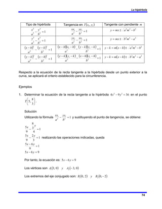 La hipérbola
74
Tipo de hipérbola Tangencia en ( )
1
1, y
x
T Tangente con pendiente m
1
2
2
2
2
=
−
b
y
a
x 1
2
1
2
1
=
−
b
yy
a
xx 2
2
2
b
m
a
mx
y −
±
=
1
2
2
2
2
=
−
b
x
a
y 1
2
1
2
1
=
−
b
xx
a
yy 2
2
2
a
m
b
mx
y −
±
=
( ) ( ) 1
2
2
2
2
=
−
−
−
b
k
y
a
h
x ( )( ) ( )( ) 1
2
1
2
1
=
−
−
−
−
−
b
k
y
k
y
a
h
x
h
x ( ) 2
2
2
b
m
a
h
x
m
k
y −
±
−
=
−
( ) ( ) 1
2
2
2
2
=
−
−
−
b
h
x
a
k
y ( )( ) ( )( ) 1
2
1
2
1
=
−
−
−
−
−
b
h
x
h
x
a
k
y
k
y ( ) 2
2
2
a
m
b
h
x
m
k
y −
±
−
=
−
Respecto a la ecuación de la recta tangente a la hipérbola desde un punto exterior a la
curva, se aplicará el criterio establecido para la circunferencia.
Ejemplos
1. Determinar la ecuación de la recta tangente a la hipérbola 36
9
4 2
2
=
− y
x en el punto
⎟
⎠
⎞
⎜
⎝
⎛
3
8
,
5
T .
Solución
Utilizando la fórmula 1
2
1
2
1
=
−
b
yy
a
xx
y sustituyendo el punto de tangencia, se obtiene:
1
9
6
5
1
3
2
9
5
1
4
3
8
9
5
=
−
=
−
=
−
y
x
y
x
y
x
realizando las operaciones indicadas, queda
9
6
5 =
− y
x
Por tanto, la ecuación es: 9
6
5 =
− y
x
Los vértices son ( ) ( )
0
,
3
0
,
3 2
1 −
A
y
A
Los extremos del eje conjugado son: ( ) ( )
2
,
0
2
,
0 2
1 −
B
y
B
 