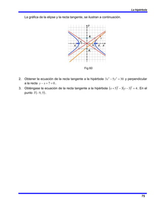 La hipérbola
75
La gráfica de la elipse y la recta tangente, se ilustran a continuación.
Fig 60
2. Obtener la ecuación de la recta tangente a la hipérbola 30
5
3 2
2
=
− y
x y perpendicular
a la recta 0
7 =
+
− x
y .
3. Obténgase la ecuación de la recta tangente a la hipérbola ( ) ( ) 4
3
3
5
2
2
=
−
−
+ y
x . En el
punto ( )
5
,
9
−
T .
 
