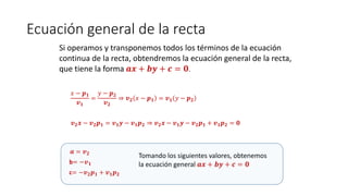 Ecuación general de la recta
Si operamos y transponemos todos los términos de la ecuación
continua de la recta, obtendremos la ecuación general de la recta,
que tiene la forma 𝒂𝒙 + 𝒃𝒚 + 𝒄 = 𝟎.
𝑥 − 𝒑 𝟏
𝒗 𝟏
=
𝑦 − 𝒑 𝟐
𝒗 𝟐
⇒ 𝒗 𝟐 𝑥 − 𝒑 𝟏 = 𝒗 𝟏 𝑦 − 𝒑 𝟐
𝒗 𝟐 𝒙 − 𝒗 𝟐 𝒑 𝟏 = 𝒗 𝟏 𝒚 − 𝒗 𝟏 𝒑 𝟐 ⇒ 𝒗 𝟐 𝒙 − 𝒗 𝟏 𝒚 − 𝒗 𝟐 𝒑 𝟏 + 𝒗 𝟏 𝒑 𝟐 = 𝟎
𝒂 = 𝒗 𝟐
b= −𝒗 𝟏
c= −𝒗 𝟐 𝒑 𝟏 + 𝒗 𝟏 𝒑 𝟐
Tomando los siguientes valores, obtenemos
la ecuación general 𝒂𝒙 + 𝒃𝒚 + 𝒄 = 𝟎
 