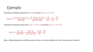 Ejemplo
Calculamos la distancia del punto 𝑃 −1,3 a la recta 𝑟: 2𝑥 − 𝑦 + 4 = 0.
𝑑 𝑃, 𝑟 =
𝑎 · 𝑝1 + 𝑏 · 𝑝2 + 𝑐
𝑎2 + 𝑏2
=
2 · −1 − 3 + 4
22 + (−1)2
=
−1
5
=
1
5
=
5
5
Calculamos la distancia de la recta 𝑟: 2𝑥 − 𝑦 + 4 = 0 y la recta 𝑠: 2𝑥 − 𝑦 + 5 = 0
𝑑 𝑟, 𝑠 =
𝑐 − 𝑐′
𝑎2 + 𝑏2
=
4 − 5
22 + (−1)2
=
−1
5
=
5
5
Nota.- Ambas distancias son idénticas pues la recta s es la recta paralela a la recta r que pasa por el punto P.
 