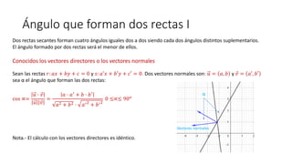 Ángulo que forman dos rectas I
Dos rectas secantes forman cuatro ángulos iguales dos a dos siendo cada dos ángulos distintos suplementarios.
El ángulo formado por dos rectas será el menor de ellos.
Conocidos los vectores directores o los vectores normales
Sean las rectas 𝑟: 𝑎𝑥 + 𝑏𝑦 + 𝑐 = 0 y 𝑠: 𝑎′𝑥 + 𝑏′𝑦 + 𝑐′ = 0. Dos vectores normales son: 𝑢 = 𝑎, 𝑏 y 𝑣 = 𝑎′, 𝑏′
sea α el ángulo que forman las dos rectas:
cos ∝=
𝑢 · 𝑣
𝑢 𝑣
=
𝑎 · 𝑎′
+ 𝑏 · 𝑏′
𝑎2 + 𝑏2 · 𝑎′2
+ 𝑏′2
0 ≤∝≤ 90 𝑜
Nota.- El cálculo con los vectores directores es idéntico.
α
Vectores normales
 