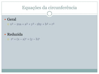 Equação geral e reduzida da circunferênciaPosições relativas   Ponto e circunferência   Reta e circunferência   Circunferência e circunferênciaEstudo da circunferência