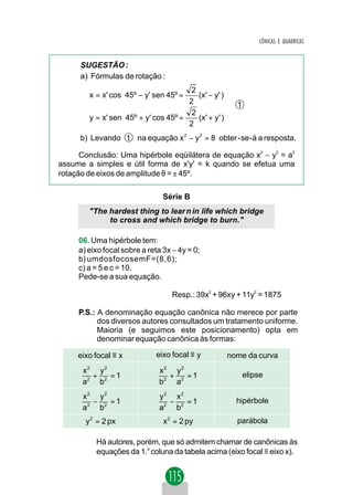 CÔNICAS E QUÁDRICAS


      SUGESTÃO :
      a) Fórmulas de rotação :
                                       2            
        x = x' cos 45º − y' sen 45º =    (x' − y' ) 
                                      2             
                                                       1
                                       2            
        y = x' sen 45º + y' cos 45º =    (x' + y' )
                                      2             
      b) Levando 1 na equação x 2 − y 2 = 8 obter - se - á a resposta.

      Conclusão: Uma hipérbole eqüilátera de equação x2 − y2 = a2
assume a simples e útil forma de x'y' = k quando se efetua uma
rotação de eixos de amplitude θ = ± 45º.

                                Série B
        "The hardest thing to lear n in life which bridge
             to cross and which bridge to burn."

     06. Uma hipérbole tem:
     a) eixo focal sobre a reta 3x − 4y = 0;
     b) umdosfocosemF=(8,6);
     c) a = 5 e c = 10.
     Pede-se a sua equação.

                                   Resp.: 39x2 + 96xy + 11y2 = 1875

     P.S.: A denominação equação canônica não merece por parte
           dos diversos autores consultados um tratamento uniforme.
           Maioria (e seguimos este posicionamento) opta em
           denominar equação canônica às formas:

     eixo focal ≡ x          eixo focal ≡ y         nome da curva
      x2 y2                   x2 y2
        +    =1                 +   =1                      elipse
      a2 b 2                  b2 a2
      x2 y2                   y2 x2
         −   =1                 −   =1                  hipérbole
      a 2 b2                  a2 b2
       y 2 = 2 px               x 2 = 2 py              parábola

          Há autores, porém, que só admitem chamar de canônicas às
          equações da 1.a coluna da tabela acima (eixo focal ≡ eixo x).
 