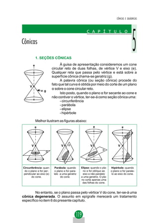 CÔNICAS E QUÁDRICAS



                                                     C A P Í T U L O

Cônicas

             1. SEÇÕES CÔNICAS

         e                     À guisa de apresentação consideremos um cone
                         circular reto de duas folhas, de vértice V e eixo (e).
                         Qualquer reta que passa pelo vértice e está sobre a
                         superfície cônica chama-se geratriz (g).
                               A palavra cônica (ou seção cônica) procede do
                         fato que tal curva é obtida por meio do corte de um plano
     V
                         α sobre o cone circular reto.
                  g
                               Isto posto, quando o plano α for secante ao cone e
                         não contiver o vértice, ter-se-á como seção cônica uma:
                               - circunferência
                               - parábola
                               - elipse
                               - hipérbole

             Melhor ilustram as figuras abaixo:
           e                                                 e                      e


                                                                                        α

       V                        V     α                  V                      V
                                                                   α
                   α




Circunferência: quan-      Parábola: quando      Elipse: quando o pla-    Hipérbole: quando
 do o plano α for per-     o plano α for para-    no α for oblíquo ao     o plano α for parale-
pendicular ao eixo (e)    lelo a uma geratriz     eixo e não paralelo      lo ao eixo do cone.
       do cone.                 do cone.         a uma geratriz. O pla-
                                                 no corta apenas uma
                                                  das folhas do cone.


         No entanto, se o plano passa pelo vértice V do cone, ter-se-á uma
cônica degenerada. O assunto em epígrafe merecerá um tratamento
específico no item 6 do presente capítulo.
 