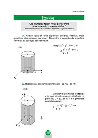 CÔNICAS E QUÁDRICAS



                                  Exercícios
                     “As mulheres foram feitas para serem
                        amadas e não compreendidas.”
             Oscar Wilde (1854-1900), escritor inglês de origem irlandesa.


          01. Abaixo figura-se uma superfície cilíndrica circular, cujas
geratrizes são paralelas ao eixo z. Determine a equação da superfície
cilíndrica e a equação de sua diretriz.

                                                Resp.: x 2 + y 2 − 6y = 0 e
     z
                                                          x2 + y 2 − 6 y = 0
                                                          
                                                         d
                                                          z = 0
                                                          




                 3        6      y


 x


         02. Representar a superfície cilíndrica (x − 2)2 + (y - 2)2 = 9.

         Resp.:

         z                                    A superfície cilíndrica é circular
                                      e tem por diretriz uma circunferência no
                                      plano xy, C = (2, 2), R = 3 e geratrizes
                                      paralelas ao eixo z.
                                                 
                                                 ( x − 2)2 + ( y − 2)2 = 9
                                                d
                                                 
                                                 z = 0


                      2           y
         2      C
 
