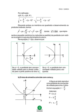 CÔNICAS E QUÁDRICAS

          Por definição :
          d (P, F) = d (P, P' )
                        2                         2
                p                   p
             x −  + ( y − 0)2 =  x +  + ( y − y )2
                2                   2

        Elevando ambos os membros ao quadrado e desenvolvendo os
produtos notáveis, temos:
                  p2                    p2
          x 2 − px + + y 2 = x 2 + px +     donde : y 2 = 2px que repre-
                   4                    4
senta a equação canônica (ou reduzida ou padrão) da parábola com vérti-
ce na origem e cujo eixo de simetria é o eixo x.
         Na equação y2 = 2px, observe que:

      d         y
                                                                y         d




                V                        x
                                                          F                      x
                                p 
                            F =  , 0
                                2 




 Se p > 0, a parábola tem concavi-                Se p < 0, a parábola tem con-
 dade voltada para a direita (volta-              cavidade voltada para a es-
 da para a parte positiva do eixo x).             querda.


          b) O eixo de simetria coincide com o eixo y.
                    y
                                                            A figura ao lado reproduz
                                                       uma parábola de concavida-
                                                       de voltada para cima. A dire-
                                                                                p
                            F                          triz tem equação y = − .
                                                                                2
                    p                    P                  Ademais:
                    2
                                                           P = ( x, y)
                    p       V                 x
                                                               p
                    2                                     F =  0, 
                                         P'                    2
                                              d
                                                                    p
                                                          P' =  x, − 
                                                                    2
 