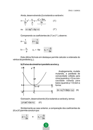 CÔNICAS E QUÁDRICAS


        Ainda, desenvolvendo (I) e isolando a variável x:
               1 2 yo    y 2 + 2pxo
        x=       y −   y+ 0                              ( I' )
              2p
              {      p
                     {       2p
                         14 4 2 3
               a         b                 c


        ou     x = ay 2 + by + c                         ( I'' )


        Comparando os coeficientes de ( I' ) e ( I' ' ), observe:

               1                   1
        a=            ⇒ p=
              2p                  2a

                   yo                     −b
        b=−           ⇒ y o = −bp ⇒ y o =
                   p                      2a

         Esta última fórmula em destaque permite calcular a ordenada do
vértice da parábola (yO).

        b) O eixo de simetria é paralelo ao eixo y.
         y              y'
                                                                 Analogamente, mutatis
                                                              mutandis, a parábola de
                                                              concavidade voltada para
                              F                               cima (quando p > 0) ou con-
                                                              cavidade voltada para
                                                              baixo (quando p < O) tem a
         yO                                                   forma:
                              V ≡ O'                x'

                                                                   (x − xO )2 = 2p(y − yO) (II)
         O                   xO                     x


        Outrossim, desenvolvendo (II) e isolando a variável y, temos:
         y = ax2 + bx + c              (II')

             Similarmente ao caso anterior, a comparação dos coeficientes de
(II) e (II') permite concluir que:

                1                              −b
          p=             e         xo =
               2a                              2a
 