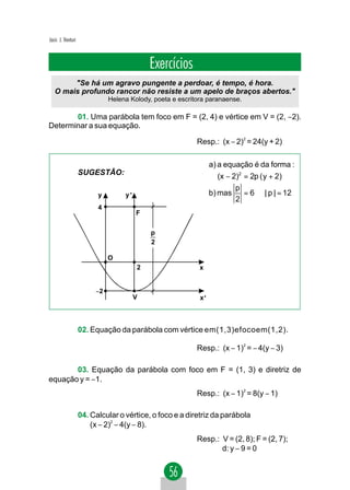 Jacir. J. Venturi



                                            Exercícios
        "Se há um agravo pungente a perdoar, é tempo, é hora.
   O mais profundo rancor não resiste a um apelo de braços abertos."
                              Helena Kolody, poeta e escritora paranaense.

       01. Uma parábola tem foco em F = (2, 4) e vértice em V = (2, −2).
Determinar a sua equação.

                                                           Resp.: (x − 2)2 = 24(y + 2)

                                                                 a) a equação é da forma :
                    SUGESTÃO:                                       (x − 2)2 = 2p ( y + 2)
                                                                          p
                          y        y'                            b) mas      = 6 ⇒ | p | = 12
                                                                          2
                          4
                                        F

                                            p
                                            2

                              O
                                        2                   x


                         −2
                                        V                   x'



                    02. Equação da parábola com vértice em(1,3)efocoem(1,2).

                                                           Resp.: (x − 1)2 = − 4(y − 3)

       03. Equação da parábola com foco em F = (1, 3) e diretriz de
equação y = −1.
                                                           Resp.: (x − 1)2 = 8(y − 1)

                    04. Calcular o vértice, o foco e a diretriz da parábola
                        (x − 2)2 − 4(y − 8).
                                                           Resp.: V = (2, 8); F = (2, 7);
                                                                  d: y − 9 = 0
 