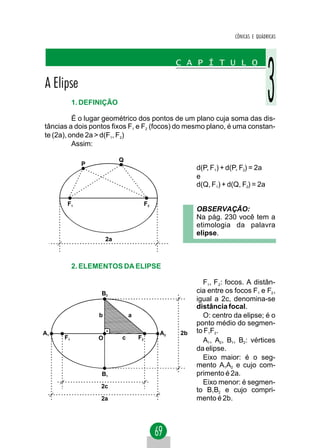 CÔNICAS E QUÁDRICAS



                                                  C A P Í T U L O

A Elipse
           1. DEFINIÇÃO

          É o lugar geométrico dos pontos de um plano cuja soma das dis-
tâncias a dois pontos fixos F1 e F2 (focos) do mesmo plano, é uma constan-
te (2a), onde 2a > d(F1, F2)
          Assim:

                           Q
             P
                                                       d(P, F1) + d(P, F2) = 2a
                                                       e
                                                       d(Q, F1) + d(Q, F2) = 2a

       F1                               F2
                                                       OBSERVAÇÃO:
                                                       Na pág. 230 você tem a
                                                       etimologia da palavra
                                                       elipse.
                      2a



           2. ELEMENTOS DA ELIPSE

                                                         F1, F 2: focos. A distân-
                  B2                                   cia entre os focos F1 e F2 ,
                                                       igual a 2c, denomina-se
                                                       distância focal.
                  b            a                         O: centro da elipse; é o
                                                       ponto médio do segmen-
A1                                           A2   2b   to F1F2.
      F1          O        c       F2
                                                         A1, A2, B1, B2: vértices
                                                       da elipse.
                                                         Eixo maior: é o seg-
                                                       mento A1A2 e cujo com-
                  B1                                   primento é 2a.
                                                         Eixo menor: é segmen-
                  2c
                                                       to B1B2 e cujo compri-
                  2a                                   mento é 2b.
 