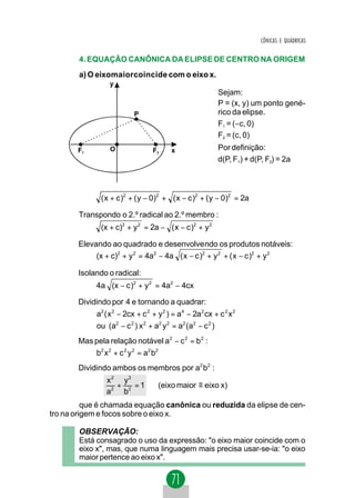 CÔNICAS E QUÁDRICAS


        4. EQUAÇÃO CANÔNICA DA ELIPSE DE CENTRO NA ORIGEM
        a) O eixomaiorcoincide com o eixo x.
                  y
                                                            Sejam:
                                                            P = (x, y) um ponto gené-
                           P                                rico da elipse.
                                                            F1 = (−c, 0)
                                                            F2 = (c, 0)
       F1         O               F2        x               Por definição:
                                                            d(P, F1) + d(P, F2) = 2a



              ( x + c )2 + ( y − 0)2 + ( x − c )2 + ( y − 0)2 = 2a

       Transpondo o 2.º radical ao 2.º membro :
              (x + c)2 + y 2 = 2a − ( x − c )2 + y 2

       Elevando ao quadrado e desenvolve ndo os produtos notáveis:
            (x + c)2 + y 2 = 4a2 − 4a ( x − c )2 + y 2 + ( x − c )2 + y 2

       Isolando o radical:
            4a (x − c )2 + y 2 = 4a2 − 4cx

       Dividindo por 4 e tornando a quadrar:
             a2 ( x 2 − 2cx + c 2 + y 2 ) = a4 − 2a2 cx + c 2 x 2
             ou (a2 − c 2 ) x 2 + a2 y 2 = a2 (a2 − c 2 )
       Mas pela relação notável a2 − c 2 = b2 :
             b2 x 2 + c 2 y 2 = a2 b2
       Dividindo ambos os membros por a2 b2 :
                x2 y2
                  +   =1                (eixo maior ≡ eixo x)
                a2 b2
          que é chamada equação canônica ou reduzida da elipse de cen-
tro na origem e focos sobre o eixo x.

        OBSERVAÇÃO:
        Está consagrado o uso da expressão: "o eixo maior coincide com o
        eixo x", mas, que numa linguagem mais precisa usar-se-ia: "o eixo
        maior pertence ao eixo x".
 