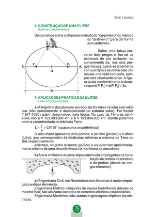 CÔNICAS E QUÁDRICAS


         6. CONSTRUÇÃO DE UMA ELIPSE
             (Leitura Complementar)

         Discorramos sobre o chamado método do "carpinteiro" ou método
                                        do "jardineiro" (para dar forma
                                        aos canteiros).
                   P
                                                      Sobre uma tábua cra-
                                            va-se dois pregos e fixa-se os
                                            extremos de um barbante, de
        F1                        F2
                                            comprimento 2a, nos dois pre-
A1                                       A2 gos (focos). Estira-se o barbante
                       O                    com um lápis e se move este últi-
                                            mo até uma volta completa, sem-
                                            pre com o barbante tenso. A figu-
                                            ra ajuda o entendimento e obser-
                                            ve que d(P, F1) + d(P, F2) = 2a.
                       2a

         7. APLICAÇÕES PRÁTICAS DA ELIPSE
             (Leitura Complementar)

          a) A trajetória dos planetas ao redor do Sol não é circular e sim elíp-
tica (não considerando o deslocamento do sistema solar). Foi Kepler
(1571-1630) quem desenvolveu esta teoria. No caso da Terra os semi-
eixos são a = 153.493.000 km e b = 153.454.000 km. Donde podemos
obter a excentricidade da órbita da Terra:
          ε = c = 0,0167 (quase uma circunferência)
              a
          O eixo maior apresenta dois pontos: o periélio (janeiro) e o afélio
(julho), que correspondem às distâncias mínimas e máxima da Terra ao
Sol, respectivamente.
          Ademais, no globo terrestre (geóide) o equador tem aproximada-
mente a forma de uma circunferência e o meridiano de uma elipse.
         b) Arcos emforma de semi-elipse sãomuito empregados na cons-
                                           trução de pontes de concreto
                                           e de pedras (desde os anti-
                                           gos romanos).



         c) Engenharia Civil: em Resistência dos Materiais é muito empre-
gada a elipse de inércia.
         Engenharia Elétrica: conjuntos de elipses homofocais (elipses de
mesmo foco) são utilizadas na teoria de correntes elétricas estacionárias.
         Engenharia Mecânica: são usadas engrenagens elípticas (excên-
tricos).
 