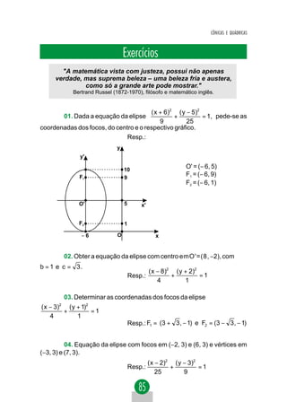 CÔNICAS E QUÁDRICAS



                                    Exercícios
       "A matemática vista com justeza, possui não apenas
     verdade, mas suprema beleza – uma beleza fria e austera,
              como só a grande arte pode mostrar."
              Bertrand Russel (1872-1970), filósofo e matemático inglês.


                                       ( x + 6)2 ( y − 5)2
           01. Dada a equação da elipse         +          = 1, pede-se as
                                           9         25
coordenadas dos focos, do centro e o respectivo gráfico.
                              Resp.:
                                y
                y'

                                    10
                                                                O' = (− 6, 5)
                F1                  9
                                                                F1 = (− 6, 9)
                                                                F2 = (− 6, 1)


                O'                  5        x'


                F2                  1

                 −6             O                    x


           02. Obter a equação da elipse com centro emO'=(8, −2), com
b = 1 e c = 3.
                                                  ( x − 8)2 ( y + 2)2
                                        Resp.:             +          =1
                                                      4         1

           03. Determinar as coordenadas dos focos da elipse
( x − 3)
       2
           ( y + 1)2
         +           =1
    4          1
                                        Resp.: F1 = (3 + 3 , − 1) e F2 = (3 − 3 , − 1)


          04. Equação da elipse com focos em (−2, 3) e (6, 3) e vértices em
(−3, 3) e (7, 3).
                                                  ( x − 2)2 ( y − 3)2
                                        Resp.:             +          =1
                                                      25        9
 