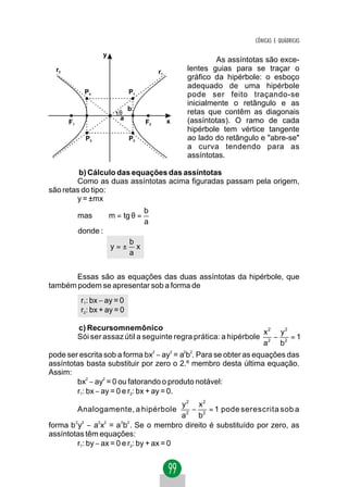 CÔNICAS E QUÁDRICAS

                      y
                                                              As assíntotas são exce-
  r2                                        r1       lentes guias para se traçar o
                                                     gráfico da hipérbole: o esboço
                                                     adequado de uma hipérbole
              P4                 P1                  pode ser feito traçando-se
                                                     inicialmente o retângulo e as
                                 b
                             θ                       retas que contêm as diagonais
                             a                   x   (assíntotas). O ramo de cada
       F1                              F2
                                                     hipérbole tem vértice tangente
              P3                 P2                  ao lado do retângulo e "abre-se"
                                                     a curva tendendo para as
                                                     assíntotas.

         b) Cálculo das equações das assíntotas
        Como as duas assíntotas acima figuradas passam pela origem,
são retas do tipo:
        y = ±mx
                                       b
            mas           m = tg θ =
                                       a
            donde :
                                 b
                          y=±      x
                                 a


       Essas são as equações das duas assíntotas da hipérbole, que
também podem se apresentar sob a forma de
             r1: bx − ay = 0
             r2: bx + ay = 0

            c) Recursomnemônico
                                                                    x2 y2
            Sói ser assaz útil a seguinte regra prática: a hipérbole 2 − 2 = 1
                                                                    a   b
pode ser escrita sob a forma bx2 − ay2 = a2b2. Para se obter as equações das
assíntotas basta substituir por zero o 2.º membro desta última equação.
Assim:
        bx2 − ay2 = 0 ou fatorando o produto notável:
        r1: bx − ay = 0 e r2: bx + ay = 0.
                                           y2 x2
            Analogamente, a hipérbole         −   = 1 pode serescrita sob a
                                           a 2 b2
forma b 2y2 − a2x2 = a 2b2 . Se o membro direito é substituído por zero, as
assíntotas têm equações:
         r1: by − ax = 0 e r2: by + ax = 0
 