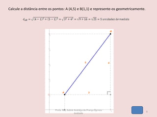 Calcule a distância entre os pontos: A (4,5) e B(1,1) e represente-os geometricamente.
6
Profa. Me. Kaline Andreza de França Correia
Andrade
 