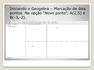  Iniciando o Geogebra – Marcação de dois 
pontos. Na opção “Novo ponto”. A(2,5) e 
B(-3,-2). 
 