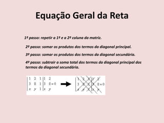 Equação Geral da Reta
1º passo: repetir a 1º e a 2º coluna da matriz.
2º passo: somar os produtos dos termos da diagonal principal.
3º passo: somar os produtos dos termos da diagonal secundária.
4º passo: subtrair a soma total dos termos da diagonal principal dos
termos da diagonal secundária.
 