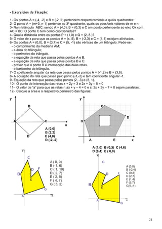 21
A (0,0)
B (-2,4)
C (0,8)
D (2,7)
E (1,4)
F (6,7)
G(6,-1)
- Exercícios de Fixação:
1- Os pontos A = (-4, -2) e B = (-2, 2) pertencem respectivamente a quais quadrantes:
2- O ponto A = (m+3, n-1) pertence ao 3º quadrante, quais os possíveis valores de m e n:
3- Num triângulo ABC, sendo A = (4,3), B = (0,3) e C um ponto pertencente ao eixo Ox com
AC = BC. O ponto C tem como coordenadas?
4- Qual a distância entre os pontos P = (1,0) e Q = (2, 8 )?
5- O valor de x para que os pontos A = (x, 5), B = (-2,3) e C = (4,1) estejam alinhados.
6- Os pontos A = (0,0), B = (3,7) e C = (5, -1) são vértices de um triângulo. Pede-se:
- o comprimento da mediana AM;
- a área do triângulo;
- o perímetro do triângulo.
- a equação da reta que passa pelos pontos A e B.
- a equação da reta que passa pelos pontos B e C.
- provar que o ponto B é intersecção das duas retas.
- o baricentro do triângulo.
7- O coeficiente angular da reta que passa pelos pontos A = (-1,2) e B = (3,6).
8- A equação da reta que passa pelo ponto (-1,-2) e tem coeficiente angular -1.
9- Equação da reta que passa pelos pontos (2, -3) e (8, 1).
10- O ponto de interseção das retas x + 2y = 3 e 2x + 3y – 5 = 0
11- O valor de “a” para que as retas r: ax + y – 4 = 0 e s: 3x + 3y – 7 = 0 sejam paralelas.
12- Calcule a área e o respectivo perímetro das figuras:
y y
B C
D
A C B
x
A (0,0)
B (2,2)
D C (4,0)
D (-2,-2) A E x
A (1,0) B (0,3) C (4,6)
D (8,4) E ( 6,0)
 