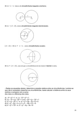 29
dC1C2 = r1 + r2 trata-se de circunferências tangentes exteriores;
dC1C2 = [ r1 - r2] , temos circunferências tangentes interiormente;
[ r1 - r2] dC1C2 < r1 + r2 , temos circunferências secantes;
dC1C2 < [ r1 - r2] , caso em que a circunferência de raio menor é interior à outra;
- Dadas as equações abaixo, determine a posição relativa entre as circunferências. Lembre-se
que não é necessário desenhar as circunferências, basta calcular a distância entre os seus
centros e comparar com a soma
dos raios e a diferença dos raios.
a) x² + y² = 1 e ( x - 1)² + y² = 1
b) (x – 1)² + (y – 5)² = 1 e (x – 2)² + (y – 3)² = 1
c) x² + (y – 2)² = 1 e x² + y² + 6y – 2x + 6 = 0
d) x² + y² – 2y = 3 e x² + y² – 10y + 21 = 0
e) x² + y² = 121 e x² + y² – 4y – 4x = 8
 