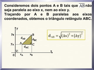 Consideremos dois pontos A e B tais que não
seja paralela ao eixo x, nem ao eixo y.
Traçando por A e B paralelas aos eixos
coordenados, obtemos o triângulo retângulo ABC.
 