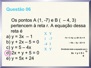 Questão 06
Os pontos A (1, -7) e B ( – 4, 3)
pertencem à reta r. A equação dessa
reta é
a) y = 3x – 1
b) y + 2x – 5 = 0
c) y = 5 – 4x
d) 2x + y + 5 = 0
e) y = 5x + 24
X Y
1 -7
-4 3
X Y
-7x + 3 -4y –y -28 -3x = 0
– 10x – 5y – 25 = 0
Dividindo toda a equação por (-
5):
2x + y + 5 =
0
 