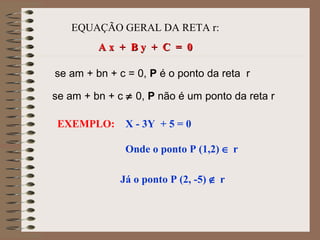 EQUAÇÃO GERAL DA RETA r:
A x + B y + C = 0A x + B y + C = 0
se am + bn + c = 0, P é o ponto da reta r
se am + bn + c ≠ 0, P não é um ponto da reta r
EXEMPLO: X - 3Y + 5 = 0
Onde o ponto P (1,2) ∈ r
Já o ponto P (2, -5) ∉ r
 