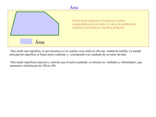 Área
El área de un polígono es la porción de plano
comprendida entre sus lados. Es decir, la medida de la
superficie encerrada por una línea poligonal.
Área
Para medir una superficie, lo que hacemos es ver cuántas veces entra en ella una unidad de medida. La unidad
principal de superficie se llama metro cuadrado, y corresponde a un cuadrado de un metro de lado.
Para medir superficies mayores y menores que el metro cuadrado, se utilizan sus múltiplos y submúltiplos, que
aumentan o disminuyen de 100 en 100.
 