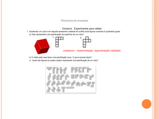 PROPOSTA DE ATIVIDADE
Construir Experimentar para validar
1. Apresentar um cubo e em seguida apresentar (material em sulfite) duas figuras contendo 6 quadrados iguais.
a) Elas representam uma planificação da superfície de um cubo?
conjectura - experimetação argumentação validação
b) E então pedir para fazer uma planificação (sua). O que é preciso fazer?
c) Quais das figuras do quadro podem representar uma planificação de um cubo?
 