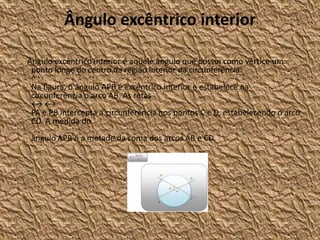 Ângulo excêntrico interior

Ângulo excêntrico interior é aquele ângulo que possui como vértice um
 ponto longe do centro da região interior da circunferência.
 ^
 Na figura, o ângulo APB é excêntrico interior e estabelece na
 circunferência o arco AB. As retas
 ↔↔
 PA e PB intercepta a circunferência nos pontos C e D, estabelecendo o arco
 CD. A medida do
 ângulo APB é a metade da soma dos arcos AB e CD.
 