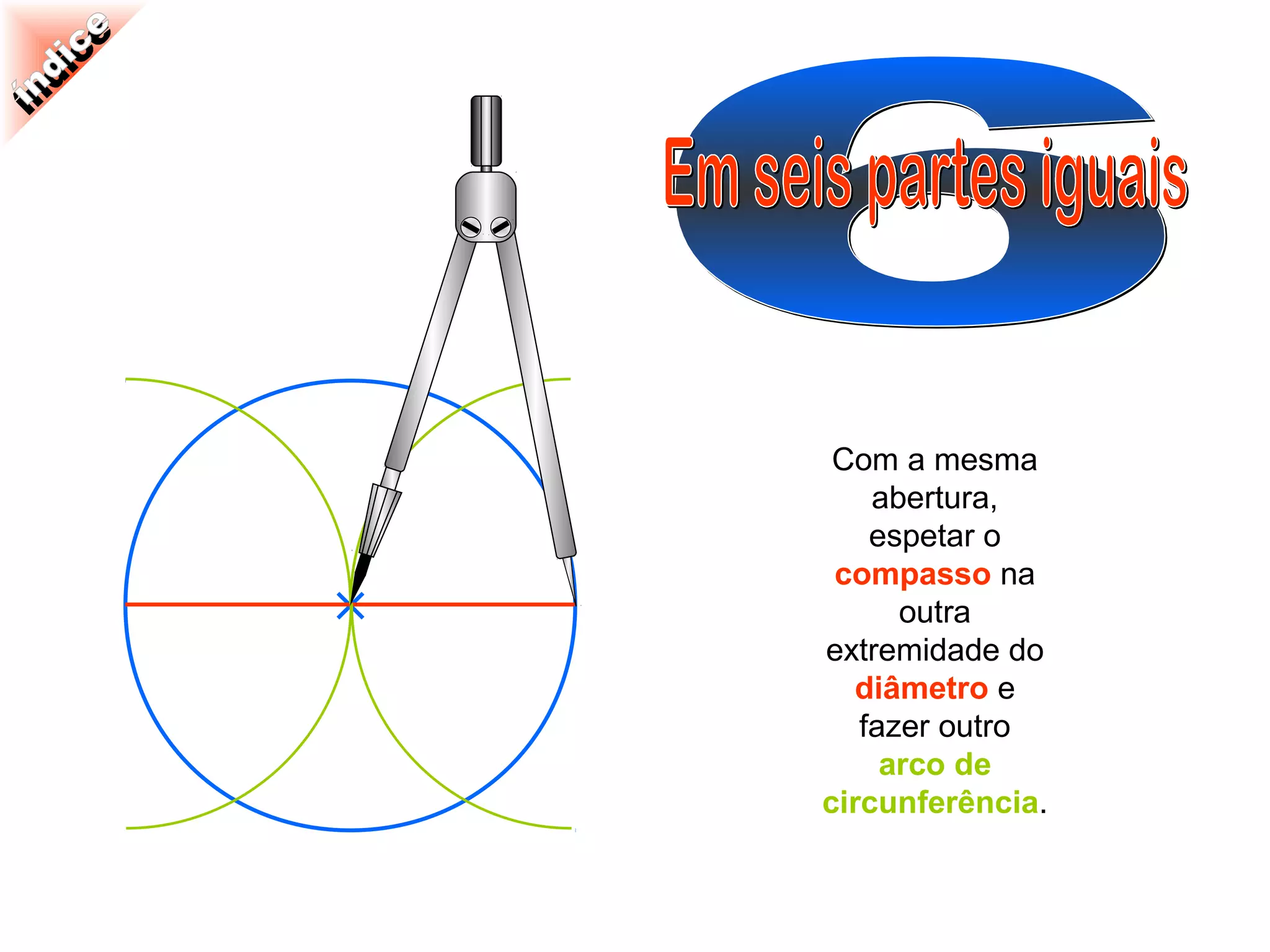 Com a mesma
    abertura,
    espetar o
 compasso na
      outra
extremidade do
   diâmetro e
   fazer outro
     arco de
circunferência.
 