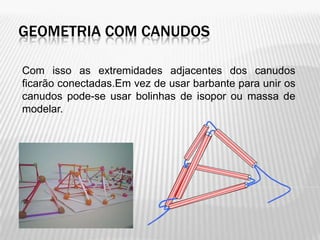 GEOMETRIA COM CANUDOS

Com isso as extremidades adjacentes dos canudos
ficarão conectadas.Em vez de usar barbante para unir os
canudos pode-se usar bolinhas de isopor ou massa de
modelar.
 