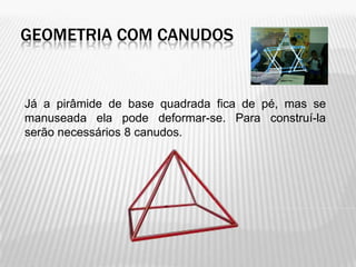 GEOMETRIA COM CANUDOS


Já a pirâmide de base quadrada fica de pé, mas se
manuseada ela pode deformar-se. Para construí-la
serão necessários 8 canudos.
 