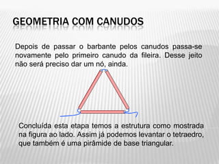 GEOMETRIA COM CANUDOS

Depois de passar o barbante pelos canudos passa-se
novamente pelo primeiro canudo da fileira. Desse jeito
não será preciso dar um nó, ainda.




Concluída esta etapa temos a estrutura como mostrada
na figura ao lado. Assim já podemos levantar o tetraedro,
que também é uma pirâmide de base triangular.
 